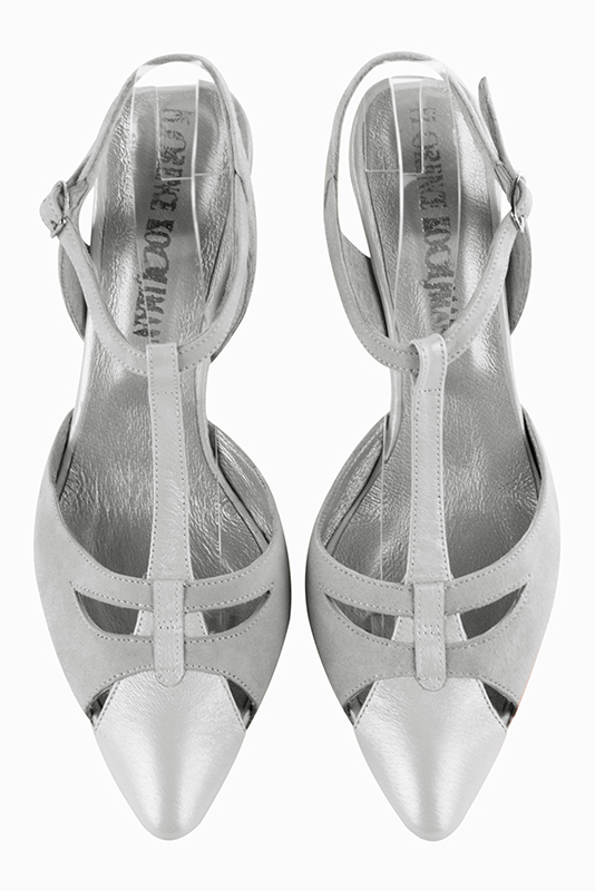 Light silver and pearl grey women's open back T-strap shoes. Tapered toe. High slim heel. Top view - Florence KOOIJMAN